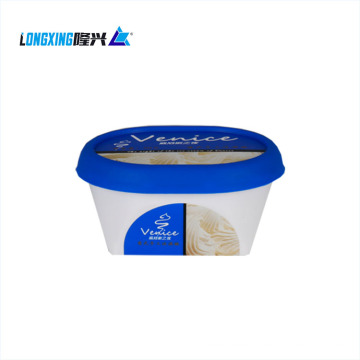 Recipiente de plástico de helado IML con forma ovalada con tapa redonda y cuchara